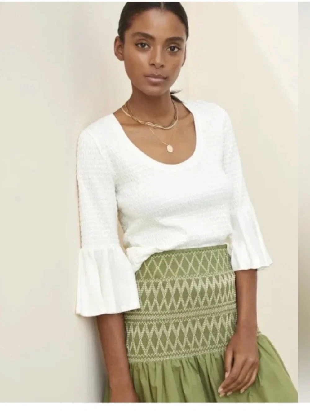 Anthropologie Cream Textured Top Bell Sleeves Shirt 310
